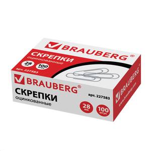 BRAUBERG Скрепки BRAUBERG 28мм 100шт оцинкованные в картонной коробке